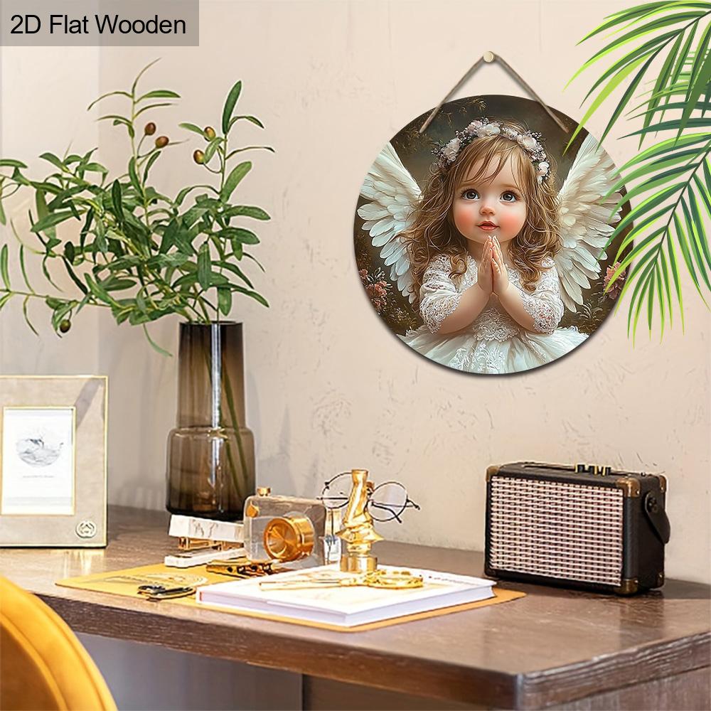 Beautiful Cherub Wooden Sign - Angle Guarding People Round Sign for Front Door Wall Hanging Decor - Ideal Home Hanging Decoration