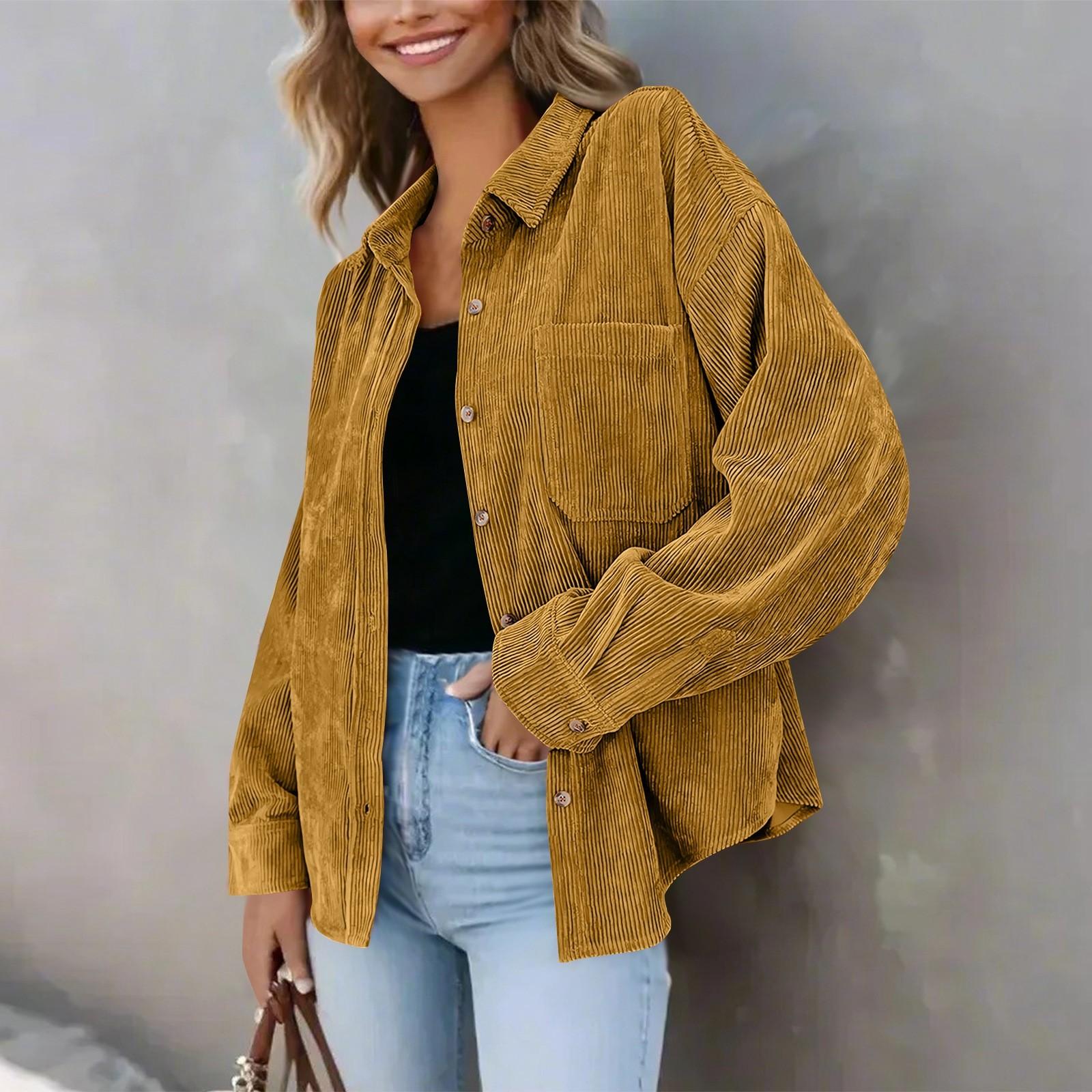 

Женская повседневная однотонная свободная куртка с лацканами на пуговицах больших размеров S жёлтый