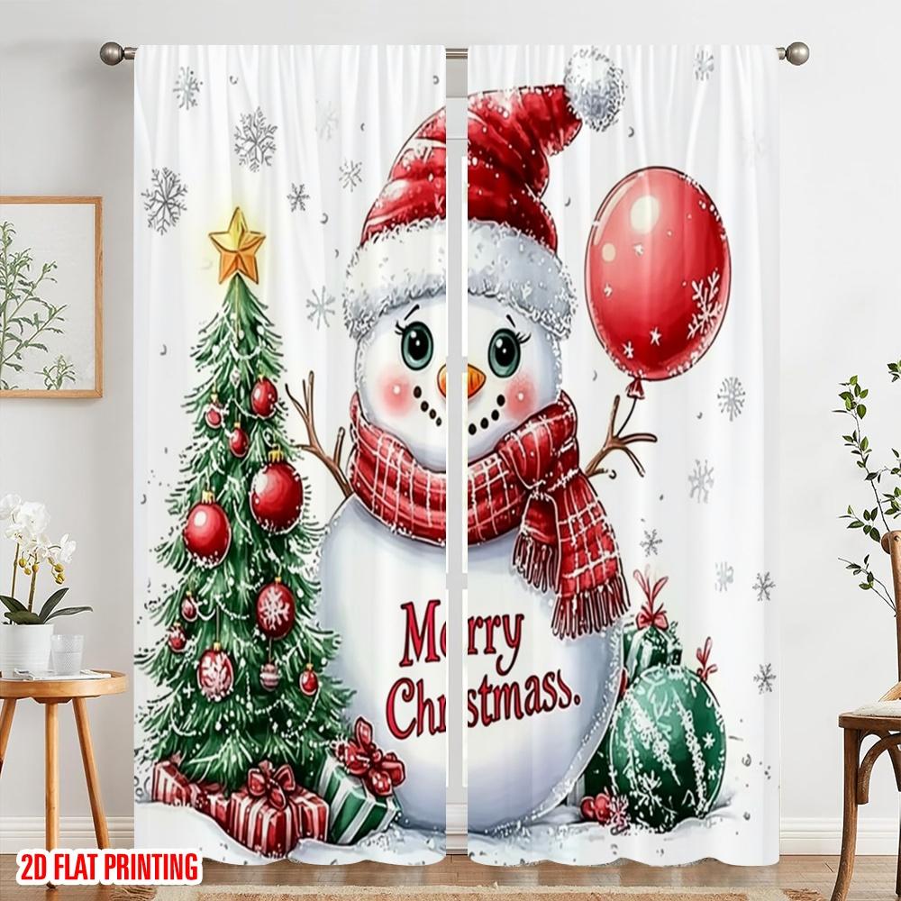 2pcs,2D Plane Printing Popular Curtains Cute Snowman Christmas Tree (5) Polyester Fabric (without Rod) Outdoor Decorations