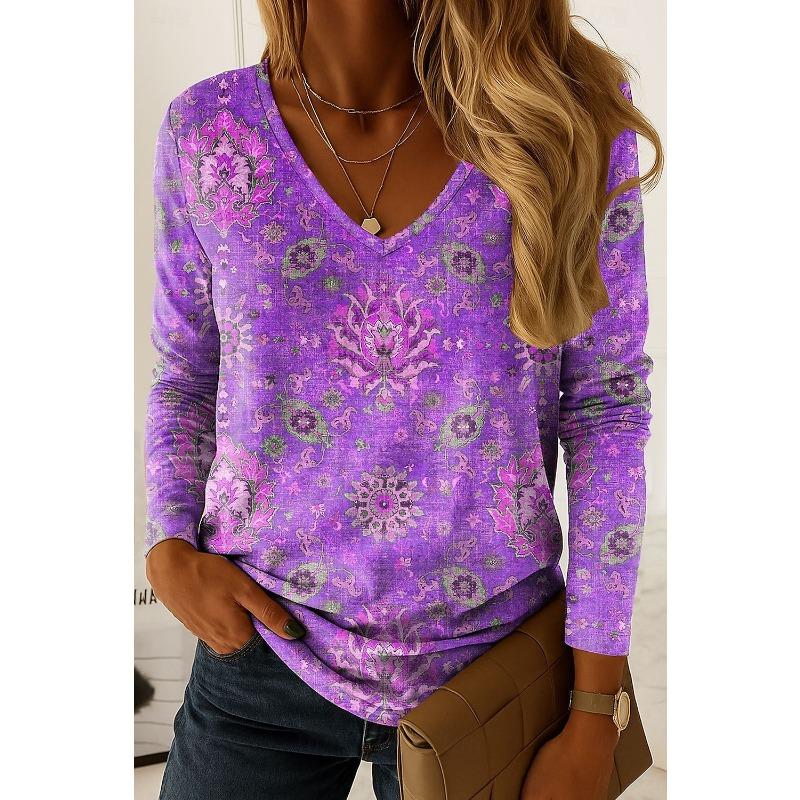 Vintage Women's T-Shirt Graphic Paisley Elegant Fashion Tee Long Sleeve T-shirts V-Neck Regular Tops Pullover Fall Winter