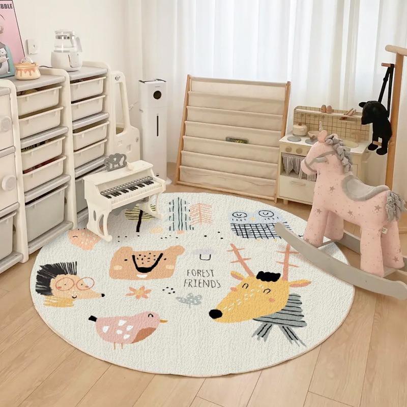 Cute Cartoon Animal Print Round Rug Super Soft Kids Play Mat for Living Room Bedroom Safe Non-Slip Circle Carpet Easy To Clean