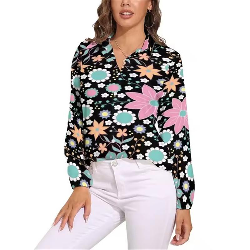 Helle Flower Power Bluse Retro Hippie Blumen Trendige Bedruckte Blusen Damen Langarm Freizeithemden Frühling Übergroße Kleidung