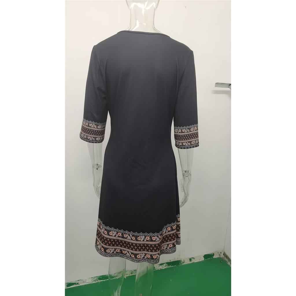 Damen kurzärmeliges V-Ausschnitt lockeres Kleid im ethnischen Stil