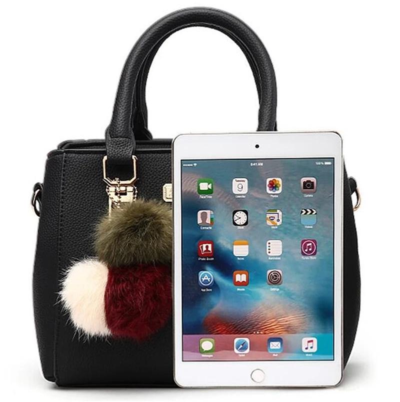 Winter Hairball Handbag For Women PU Leather Crossbody Shoulder Bag High Quality Top-handle Bag Shopping Purse Middle-aged Bag