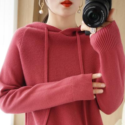 Herbst Winter Locker Lässig Mode Einfarbig Kapuzenpullover Damen Pullover Alleskönner Strick Kordelzug Oberteil