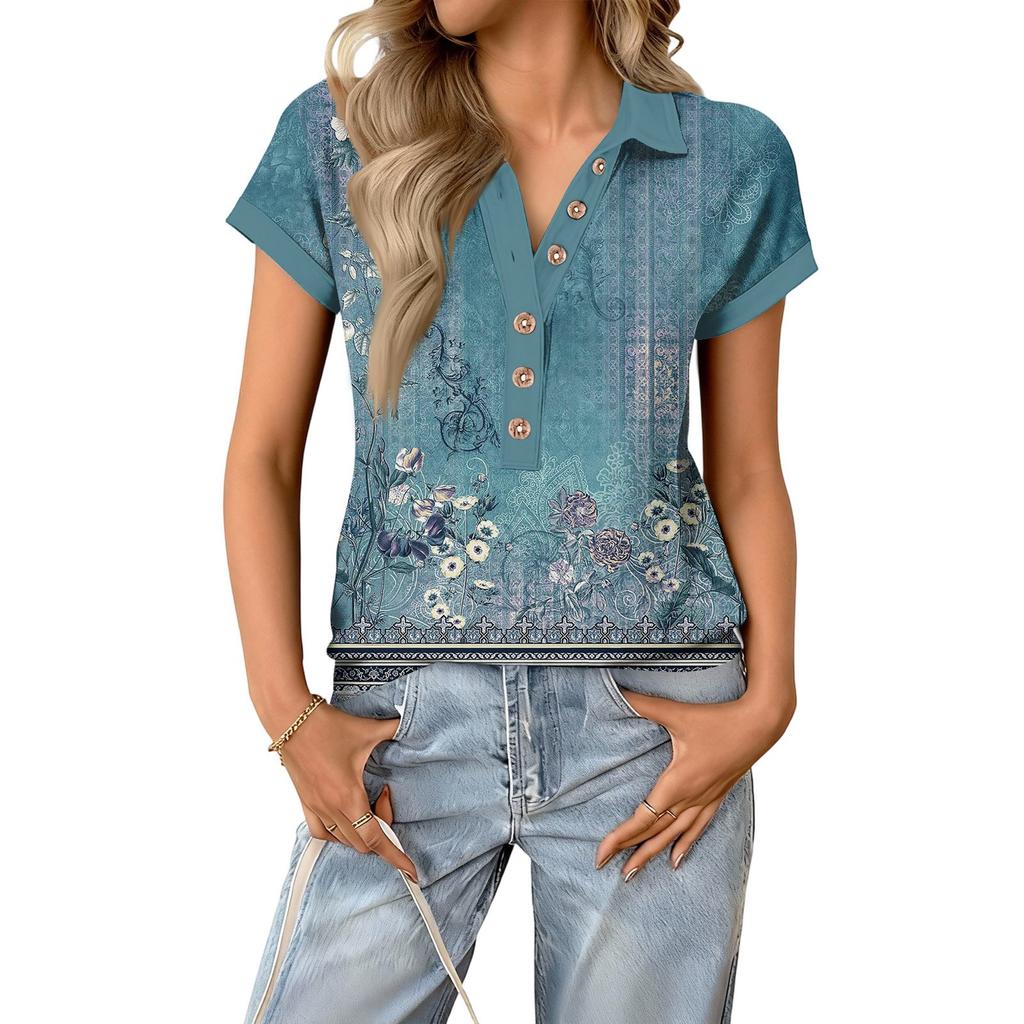 Modny i casualowy damski letni top z dekoltem V, patchworkowy, z krótkim rękawem, w stylu retro z nadrukiem