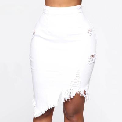 Asymmetrischer Baumwoll-Schwarz-Weiß-Loch-Denim-Midirock mit Quaste Streetwear High Waist Wash Distressed Damen-Bodycon-Rock