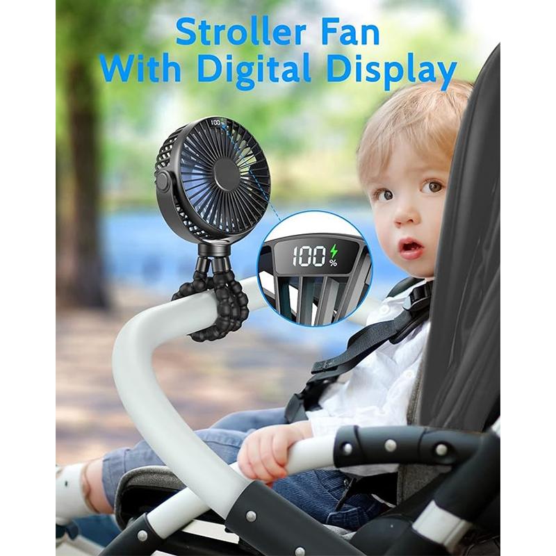 Stroller Fan LED Display Portable Flexible Clip Fan Rechargeable Battery Operated Personal Mini Handheld Car Crib For Baby