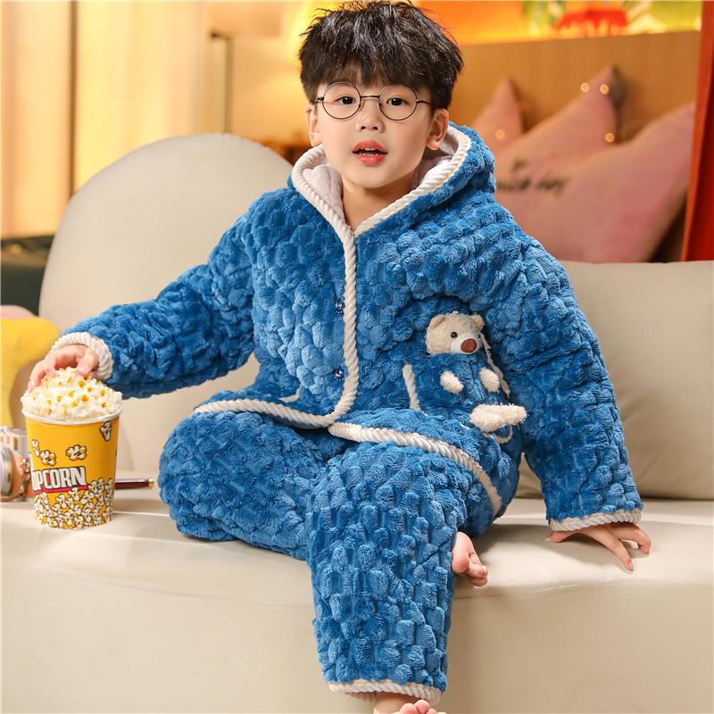 Dětské útulné pyžamo z křišťálového sametu - Silná prošívaná sada z korálového fleecu pro podzim a zimu