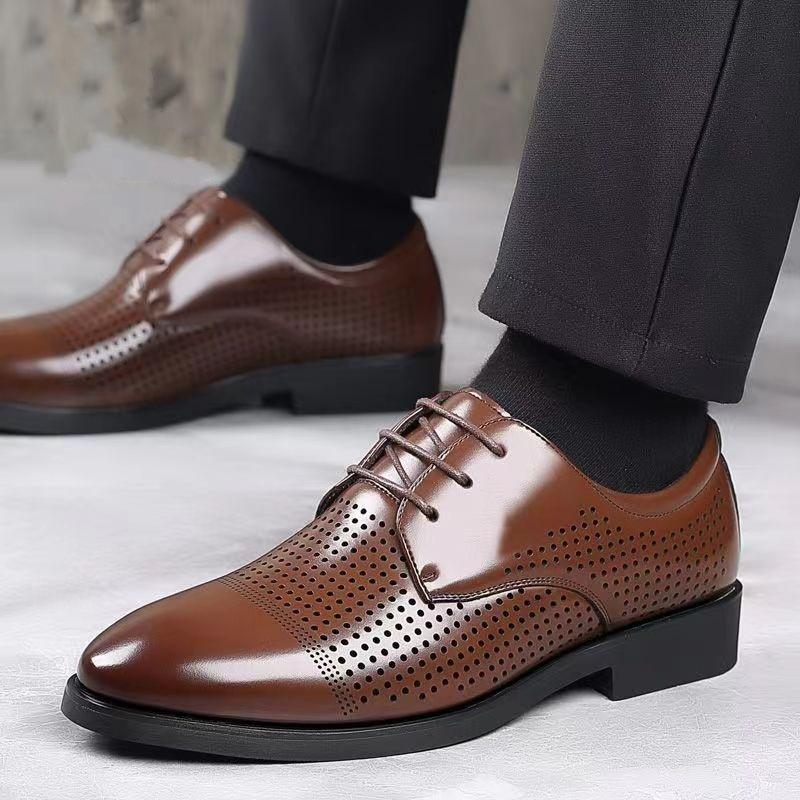 Leather Shoes Men's Summer Business Casual Leather Men's British Dress Black Soft Sole Hollow Breathable Cool Leather Shoes