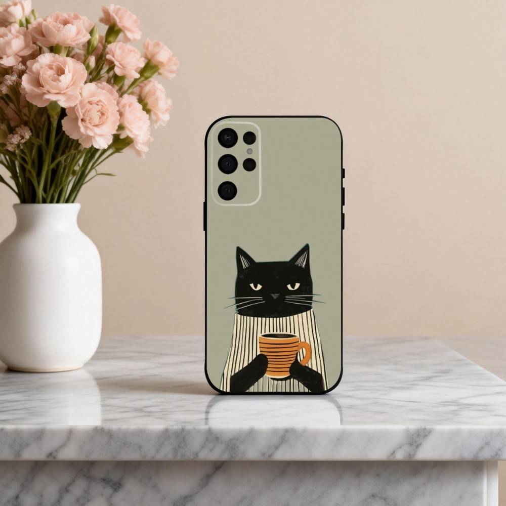S-Striped C-Coffee Cat Phone Case For Samsung S25,S24,S21,S22,S23,S30,Ultra,S20,Plus,Others Soft Black Cover