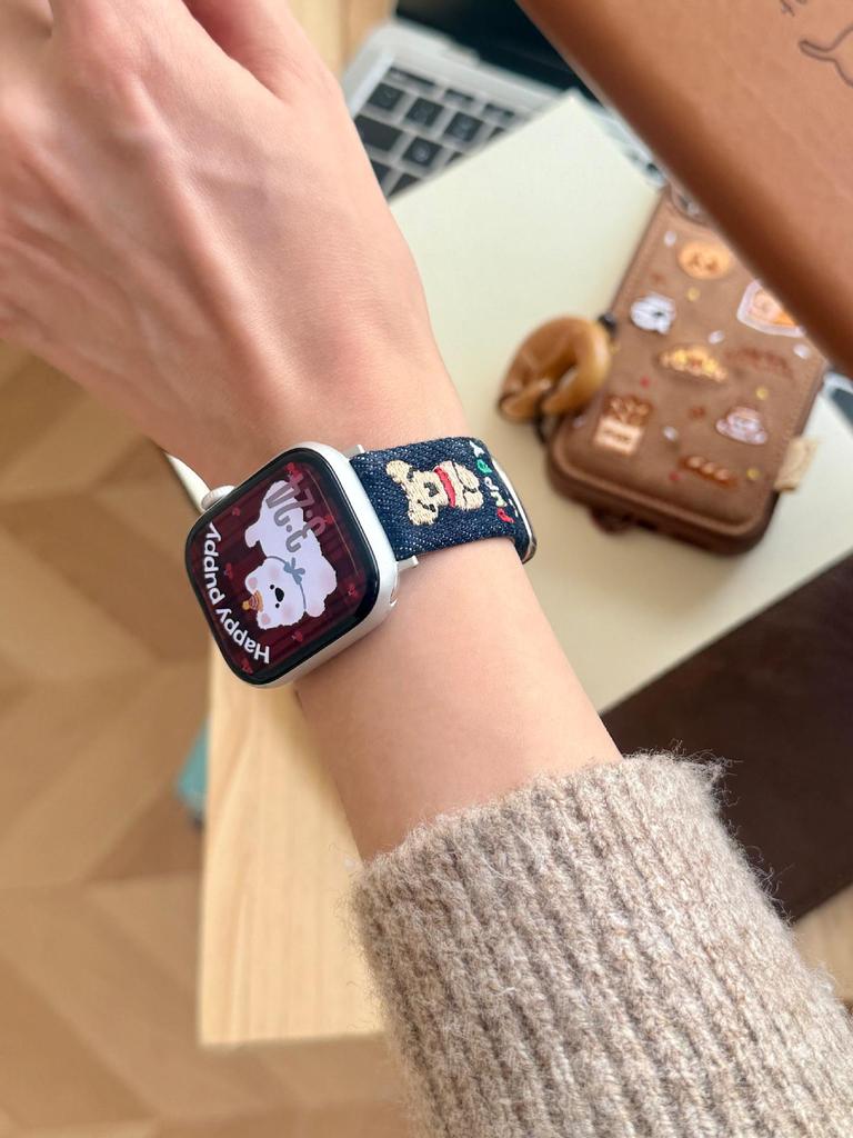 Cartoon Embroidered Denim Leather Watch Strap for Apple Watch Series 11/10/98 Ultra SE