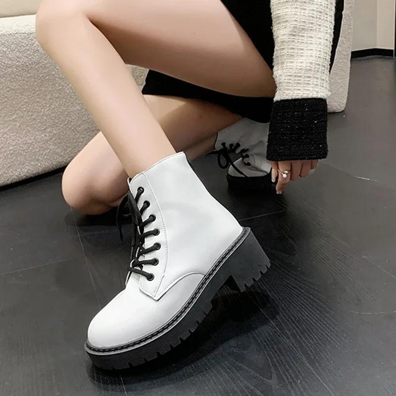 White Chunky Platform Combat Boots Women  Back Zipper Pu Leather Ankle Boots Woman Punk Thick Bottom Motorcycle Botas Mujer