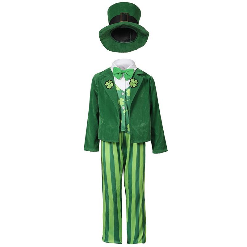 Grünes Leprechaun Kostüm für Kinder Halloween Party Irisches Feen Outfit Mit Kleeblatt Spitze Blazer Anzug