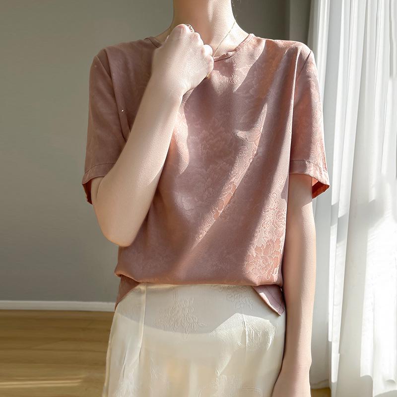 Women's Satin Round-Neck Five-Sleeve Loose-Fit Summer T-Shirt