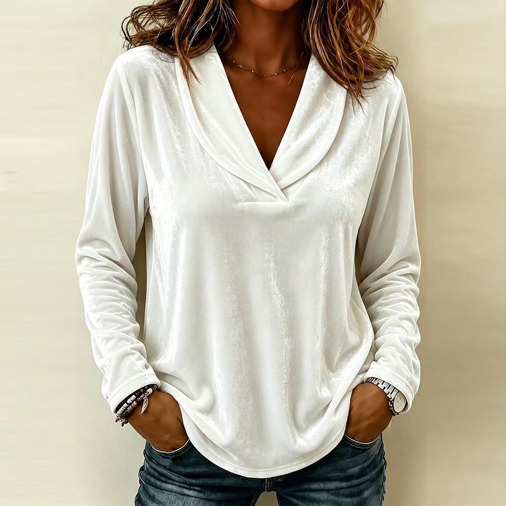 Women Velvet Long Sleeve Top V Neck Casual Loose Fit Blouse Solid Color Autumn Winter Pullover