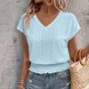 Women Tops V-Neck Short Sleeve Jacquard Decoration Pullover Tops Solid Color Loose Fit Elastic Hem T-shirt
