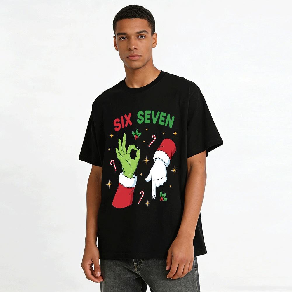 Grinch Christmas Gesture Six Seven Eight Holiday Print Top Pure Cotton T-shirt