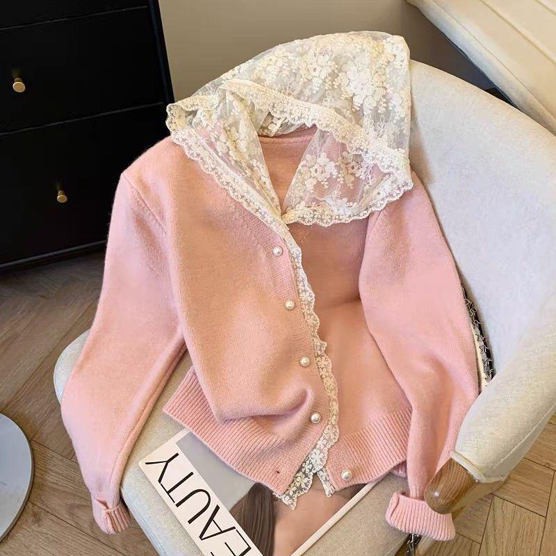 Hooded Lace Patchwork Knitted Cardigan - Long Sleeve Autumn/Winter Versatile Sweater
