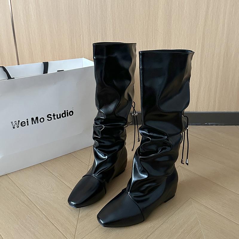 New khaki suede inner heightening boots, western knight boots modified legs, stacked high boots for women