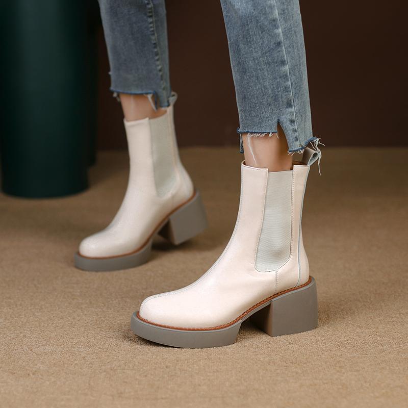 Qirui shoes Thick-soled Chelsea boots, leather inside and outside, simple and elegant