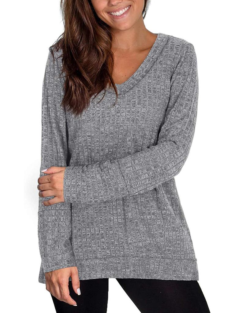 Women T-shirt Long Sleeve Fall Top V Neck Solid Color Casual Loose Blouse Stylish Sweatshirt