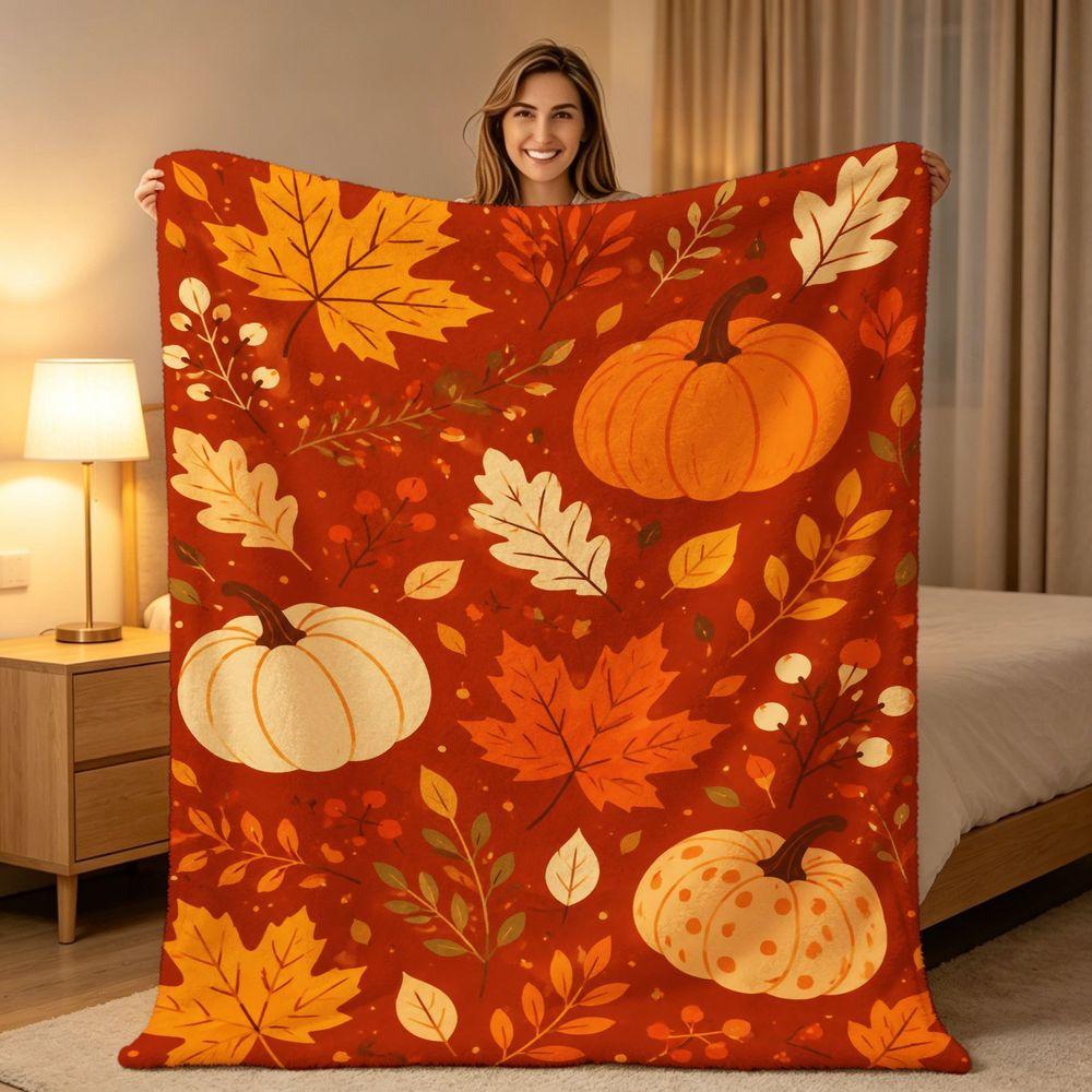 Cozy Autumn Pumpkin Print Throw Blanket Soft Decorative Fleece Blanket for Bed Sofa Couch Fall Harvest Home Decor Thanksgiving Gift for Family Friends