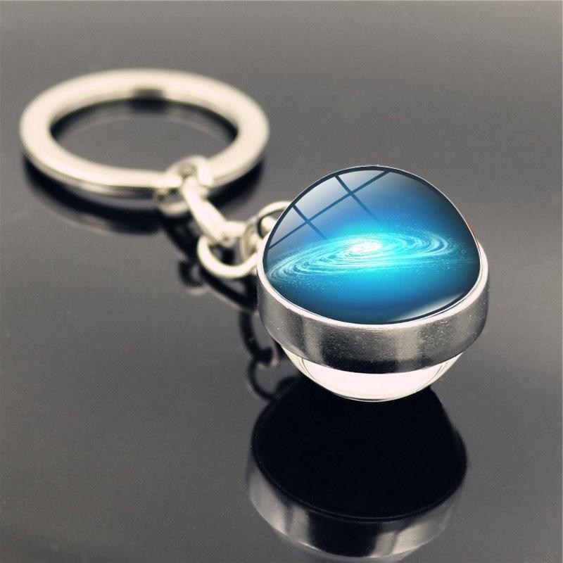 Double-Sided Glass Galaxy Keychain with Moon, Earth, Mars Pendants