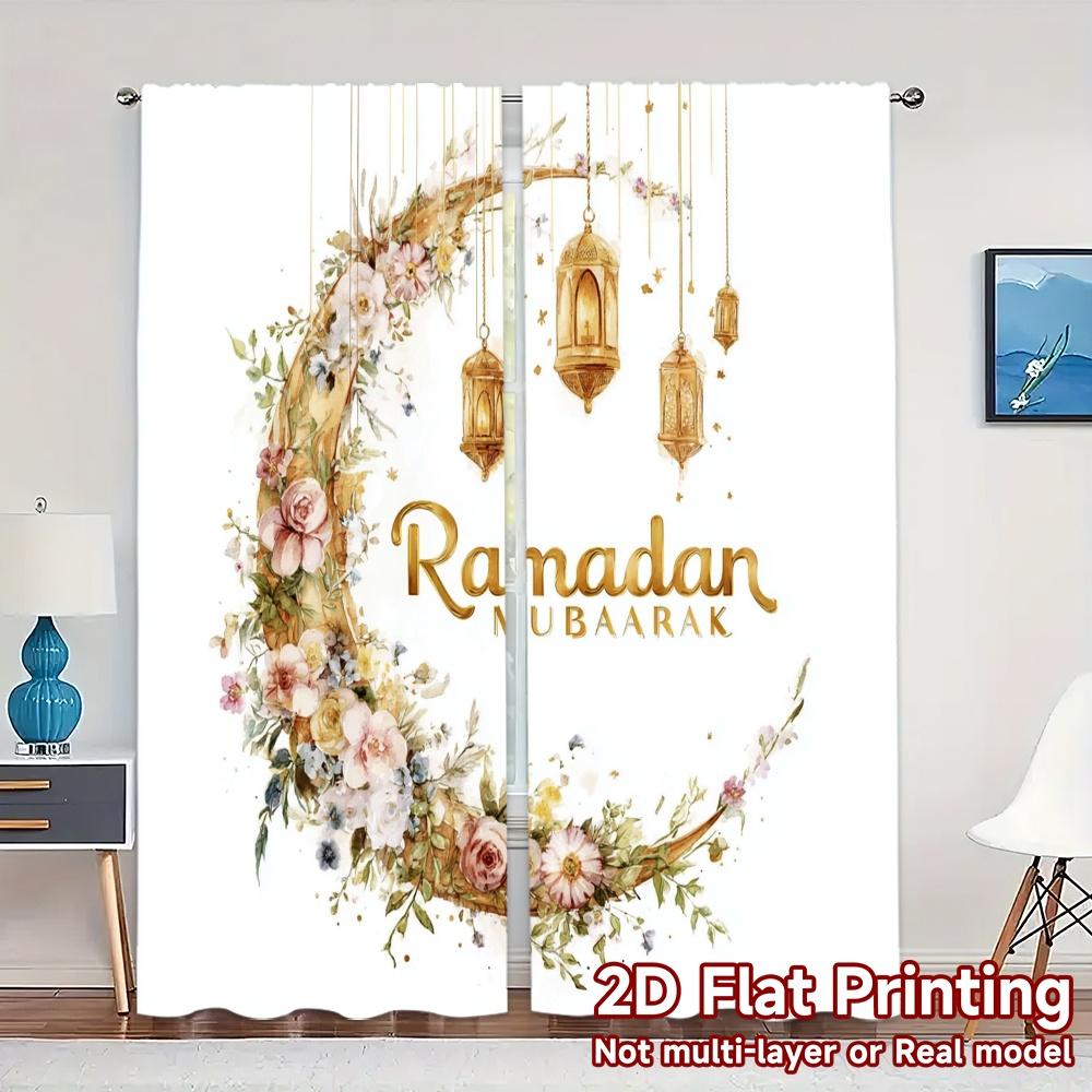 

Set Of 2 Flat Printing Curtains Without Rod Ramadan Wishes Popular Window Treatment Fabric Curtain Made Polyester Machine Washable W100*H70(CM)-Grommet top&2PCS