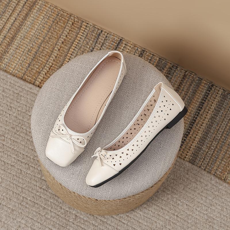 Fashion Women Simple and Elegant Daily Hollow Square Toe Ballet Flats Plus Size Solid Color Bow-Knot Slip-On Comfortable Mary Jane Shoes