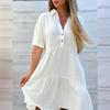 Women's Lapel Collar Linen Short Sleeve Dress Relaxed Fit Solid Color Casual Summer Midi