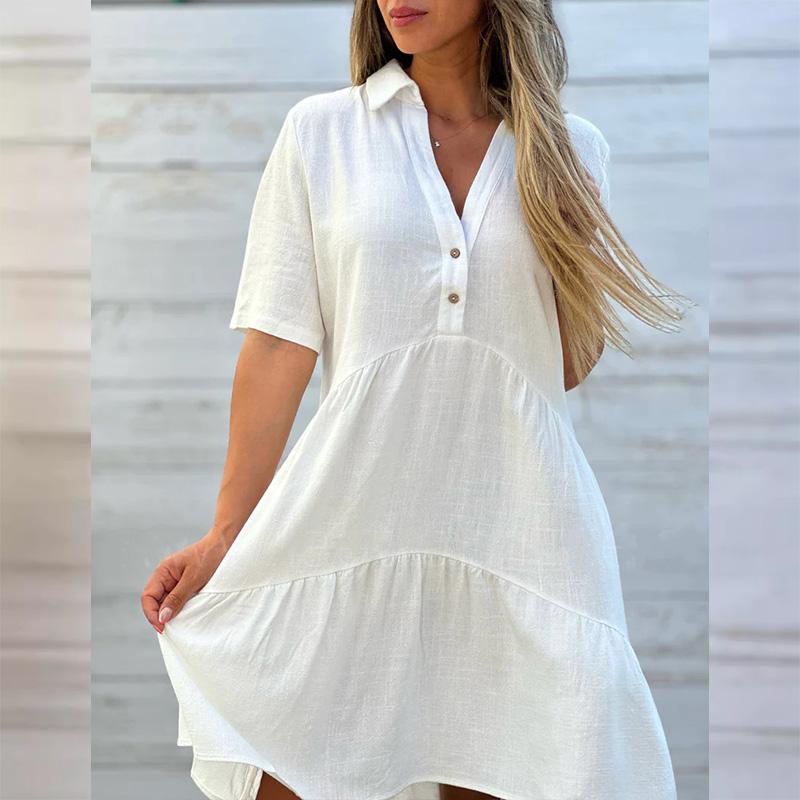 Women's Lapel Collar Linen Short Sleeve Dress Relaxed Fit Solid Color Casual Summer Midi