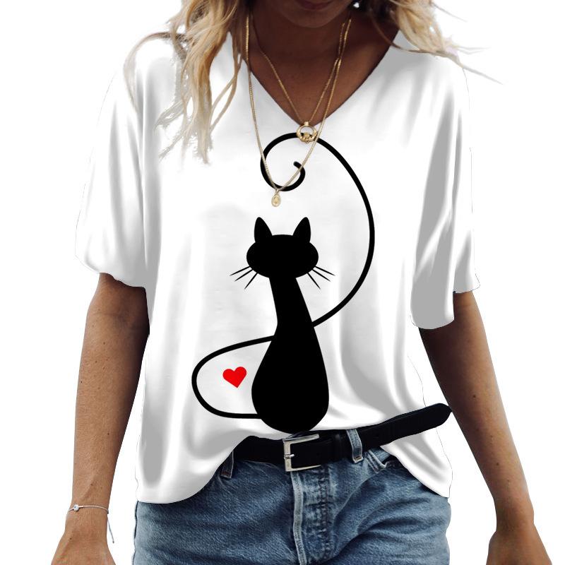 T-Shirt Frühling Sommer Damen Lässig Kurzarm V-Ausschnitt Katze 3D Gedrucktes Top Quelle