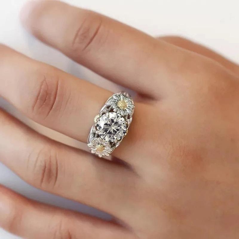 Small Daisy Flower Single Ring Girl, Fresh Pastoral Light Luxury Ring, Four-Claw Inlaid Zircon Model