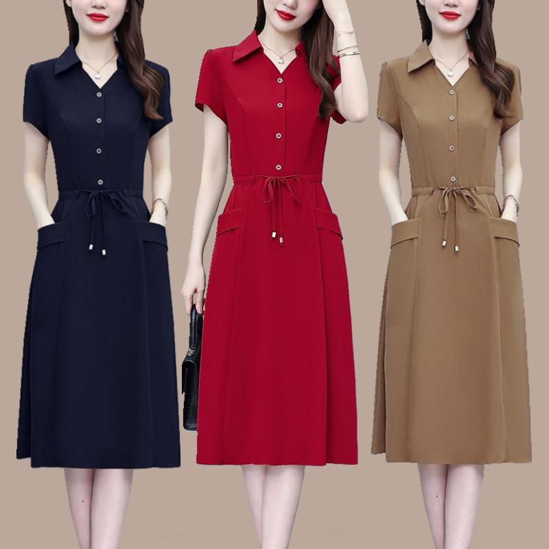 Modisches Sommerkleid für Mütter Lockere Passform Bindegürtel Elegant und Schlankmachend Mittelalte Frauen