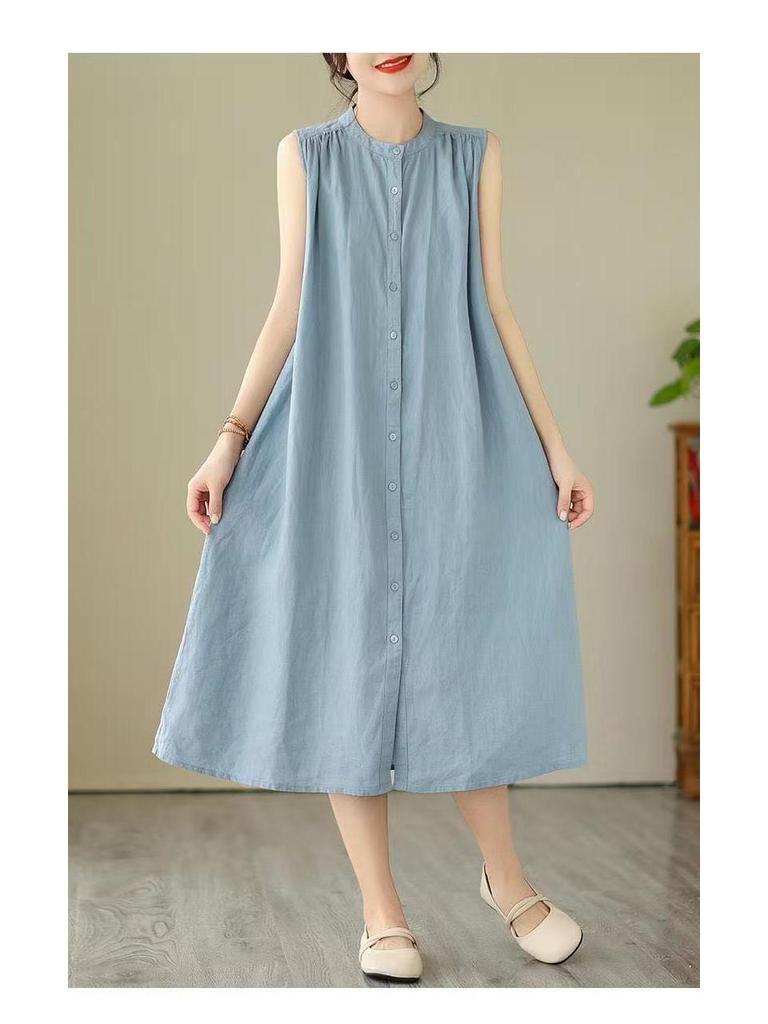 2026 New Summer Casual Sleeveless Cotton Linen Dress - Slimming, Loose Fit, Solid Color