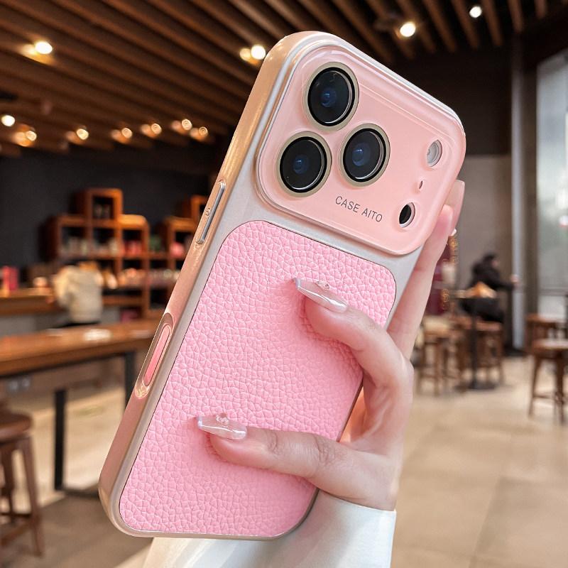 Crystal Large Window Lychee Leather Case for iPhone 17 16 15 14 13 Pro Max 17Pro Shockproof Armor Soft Bumper Cover Skin