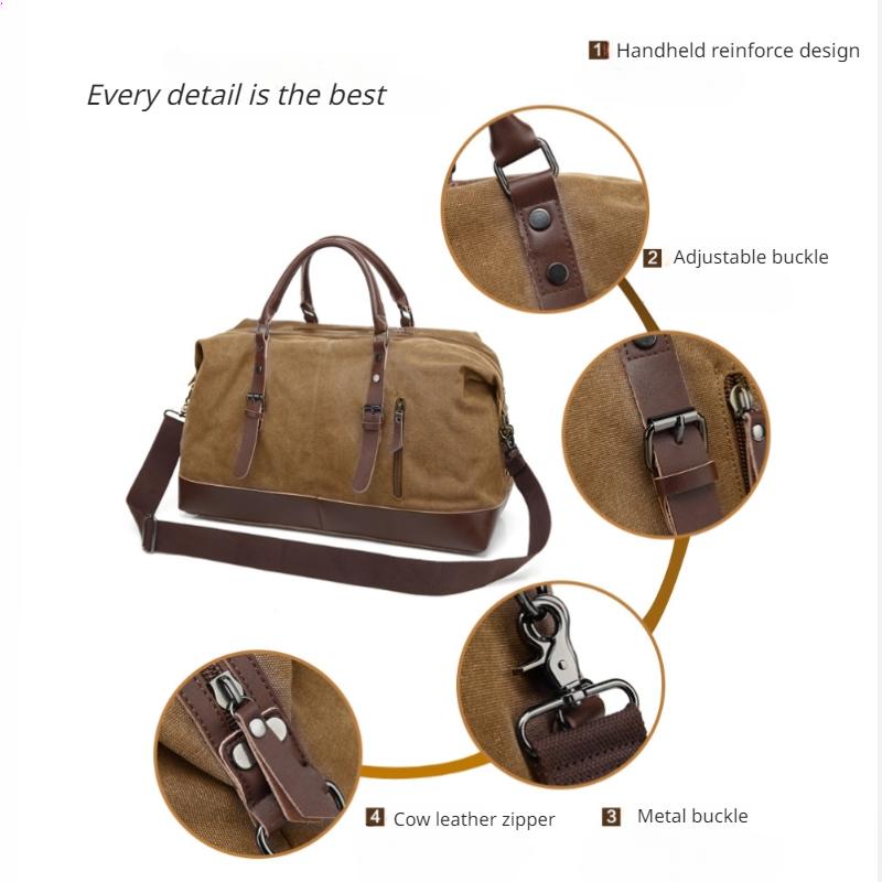 Simple Men Canvas Travel Bag PU Leather Outdoor Sports Gym Fitness Bag Large Capacity Multiple Pockets Handbag Weekend Carry On Duffel Bag