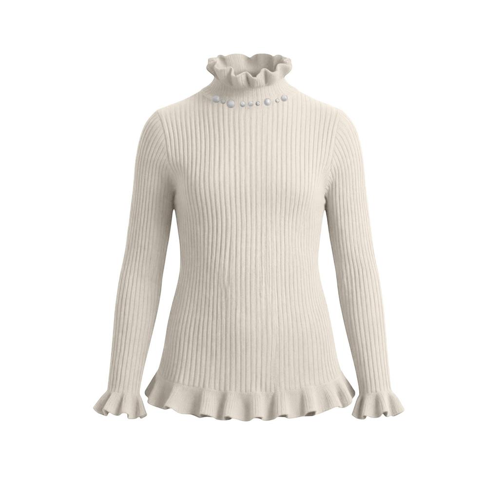 Girls' Color Knit Top with Lace Collar - Casual Pullover for Daily Wear