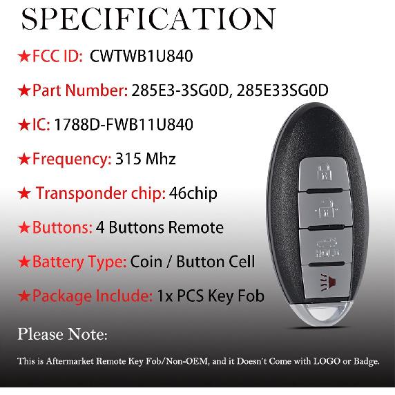 MechanMagic Smart Key Fob Remote Replacement Fits for Nissan Sentra Versa 2013 2014 2015 2016 2017 2018  Keyless Entry Remote Control CWTWB1U840