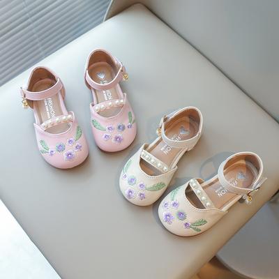 Girls National Shoes Kids Flats Ethnic Embroidery Flowers with Pearls Beaded Princess Sweet Fashion Children Party Shoes Soft