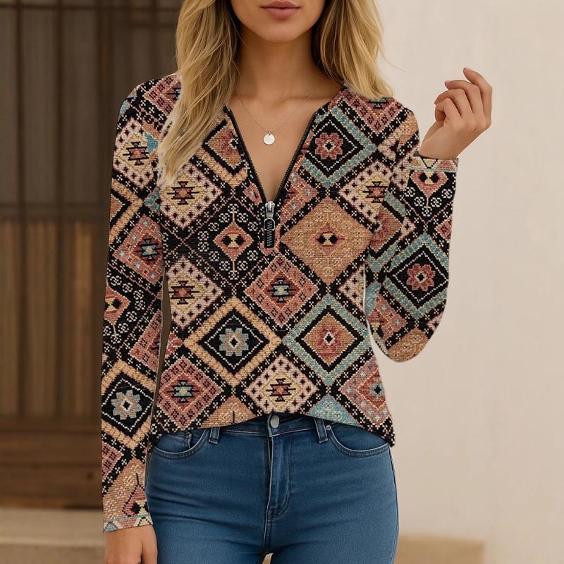 2025 Neue Damen Patchwork Freizeit Langarm V-Ausschnitt Bedruckt Vielseitige Freizeit Langarm Oberteile