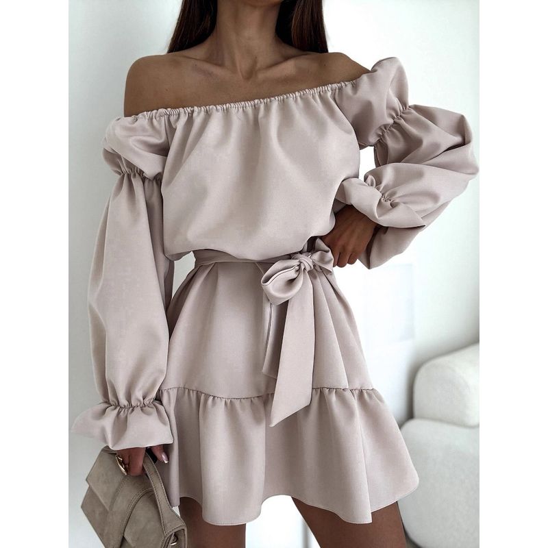 2025 European and American Fashion Casual Solid off-Shoulder Waist Hugging One piece Dress Women clothing
