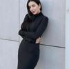 Sexy Mock Neck Side Split Long Dresses Women Slim Elegant Long Sleeved Package Hip Dress Spring Solid Evening Party Robes