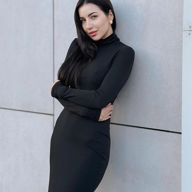 Sexy Mock Neck Side Split Long Dresses Women Slim Elegant Long Sleeved Package Hip Dress Spring Solid Evening Party Robes