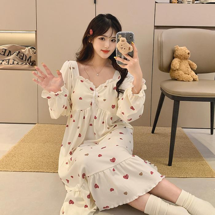 

Pajamas autumn and winter long ins wind sweet new princess pajamas cute bow square neck long sleeve loungewear 160(M)