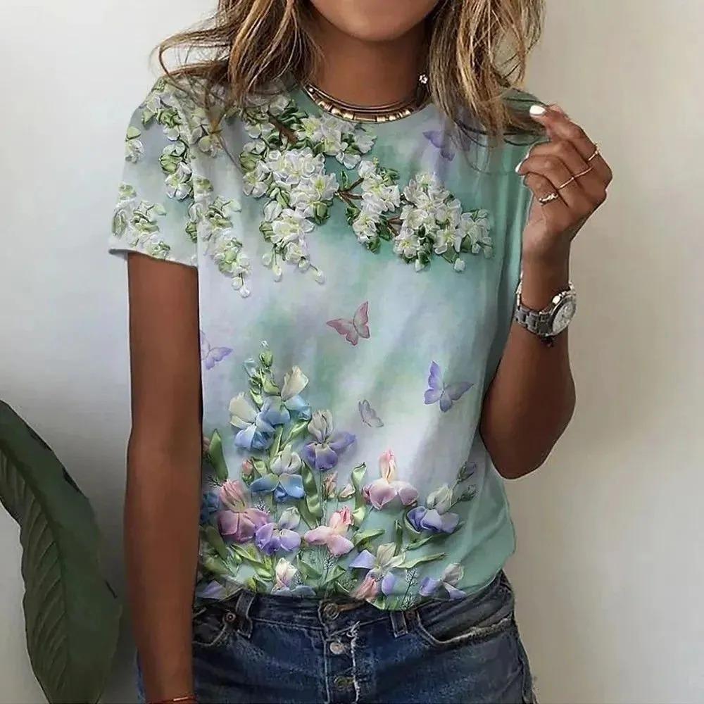 Summer Round Neck Flower Pattern 3D Print Top Fashionable Casual Short Sleeved Women's T-shirts