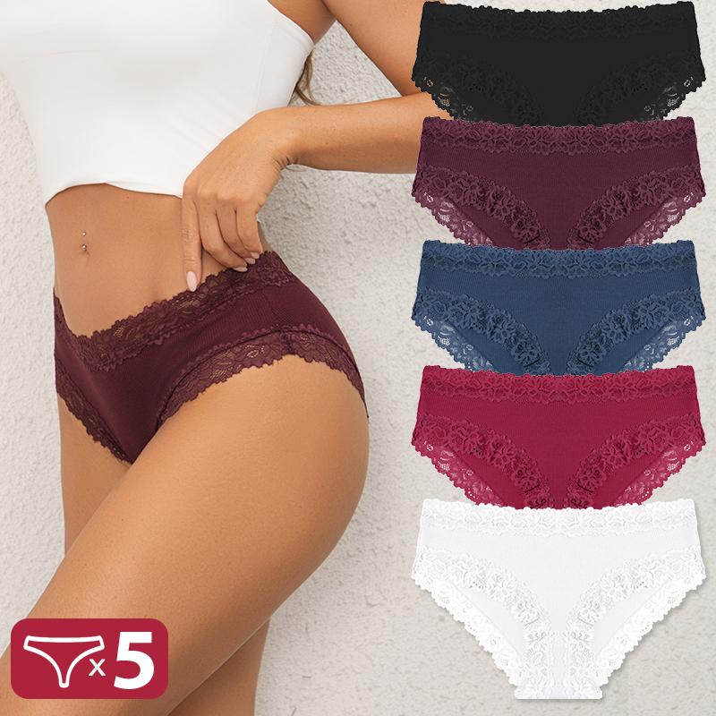 5PCS Cotton Panties Women Floral Lace Briefs Seamless Sexy Lingerie Low Rise Elastic Underpants Female Breathable Soft