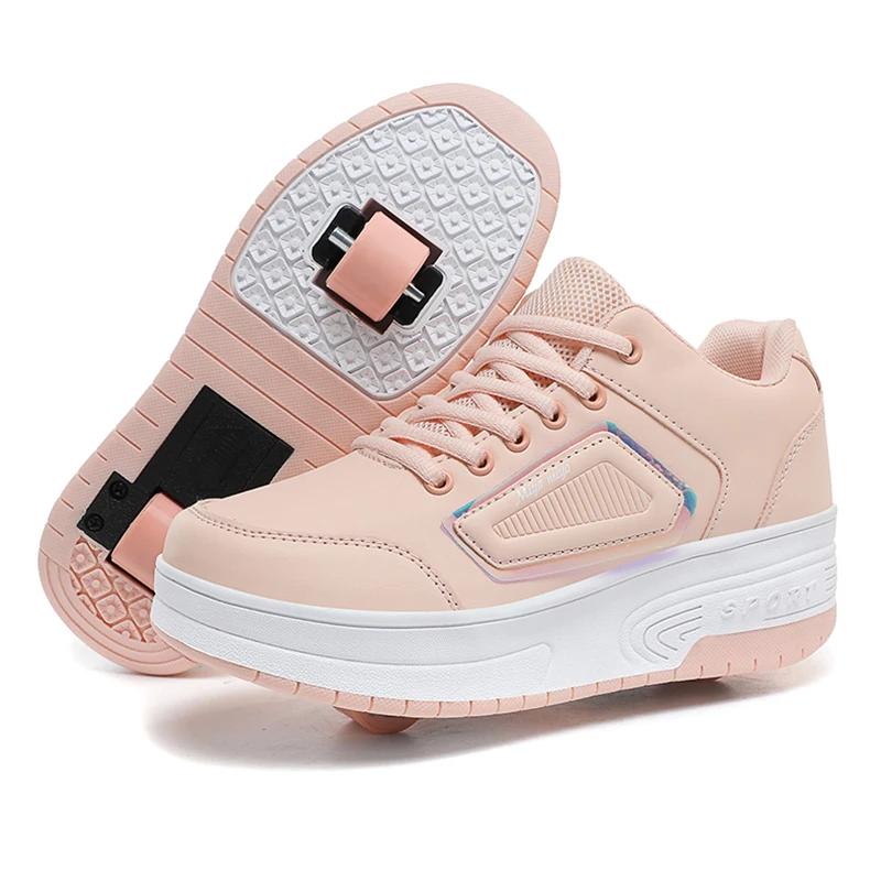 Children s Two-wheeled Walking Four Season Boys Breathable Sports Skates Girls Lace-up Retractable Roller Kids Shoes 30 розовый