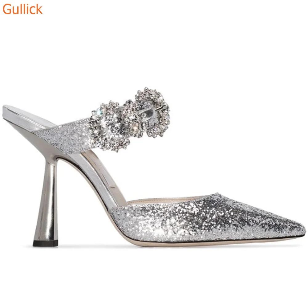 Fashion Crystal Bling Bling Sandals Pointed Toe High Heels Ankle Strap Stiletto Heel Glitter Shoes Women Career Dress Sexy Shiny Sandals